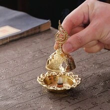 1 pièce Brûleur d'encens en métal doré de style moyen-oriental - Étoile/Lune/Feu sacré - Brûleur de métal d'aromathérapie portable arabe - Peut utiliser de petits rouleaux d'encens, de l'encens en bâton - Peut être utilisé comme petit bijou, plateau de rangement pour pierre de jade, décoration d'intérieur - Multicolore - Voir 9