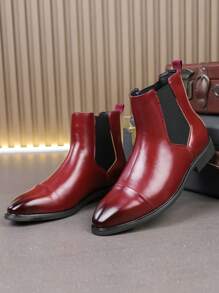 Men's Pointed Toe Chelsea Boots, Versatile High-Top Shoes, Korean Fashion Casual Footwear - Red - View 2