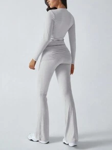 Women's Two Pieces Autumn Outfit Y2K Sporty Casual Home Daily Solid Color Round-Neck Long-Sleeved T-Shirt Fitted Long Pants Set