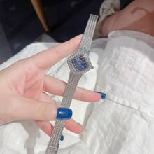 1pc Women's Gold Rhombus Rhinestone Stainless Steel Mesh Band Quartz Watch, 3ATM Water Resistant, Suitable For Daily Wear, Christmas Party, Gift