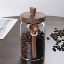Jarra de 1/3 de vidrio con tapa de madera y cuchara, frasco sellado de almacenamiento de cocina para especias, café, dulces, vidrio grueso, reutilizable, solo se puede lavar a mano, diferencias de color normales en la tapa de madera de acacia, nudos y pequeños agujeros en la madera son normales, de vuelta a la escuela
