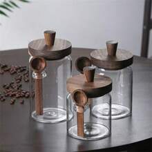 Jarra de 1/3 de vidrio con tapa de madera y cuchara, frasco sellado de almacenamiento de cocina para especias, café, dulces, vidrio grueso, reutilizable, solo se puede lavar a mano, diferencias de color normales en la tapa de madera de acacia, nudos y pequeños agujeros en la madera son normales, de vuelta a la escuela