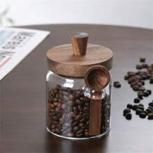 Jarra de 1/3 de vidrio con tapa de madera y cuchara, frasco sellado de almacenamiento de cocina para especias, café, dulces, vidrio grueso, reutilizable, solo se puede lavar a mano, diferencias de color normales en la tapa de madera de acacia, nudos y pequeños agujeros en la madera son normales, de vuelta a la escuela