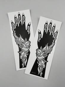 2 张花卉可重复使用纹身模板临时纹身贴纸人体艺术纹身模板贴纸闪光纹身模板用于手部人体艺术设计 - 黑色 - 查看 3