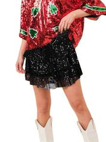 Minifalda de verano para mujer, informal, con lentejuelas brillantes, elástica, estilo A, para playa, vacaciones, club, ropa de calle - Negro - Ver 5