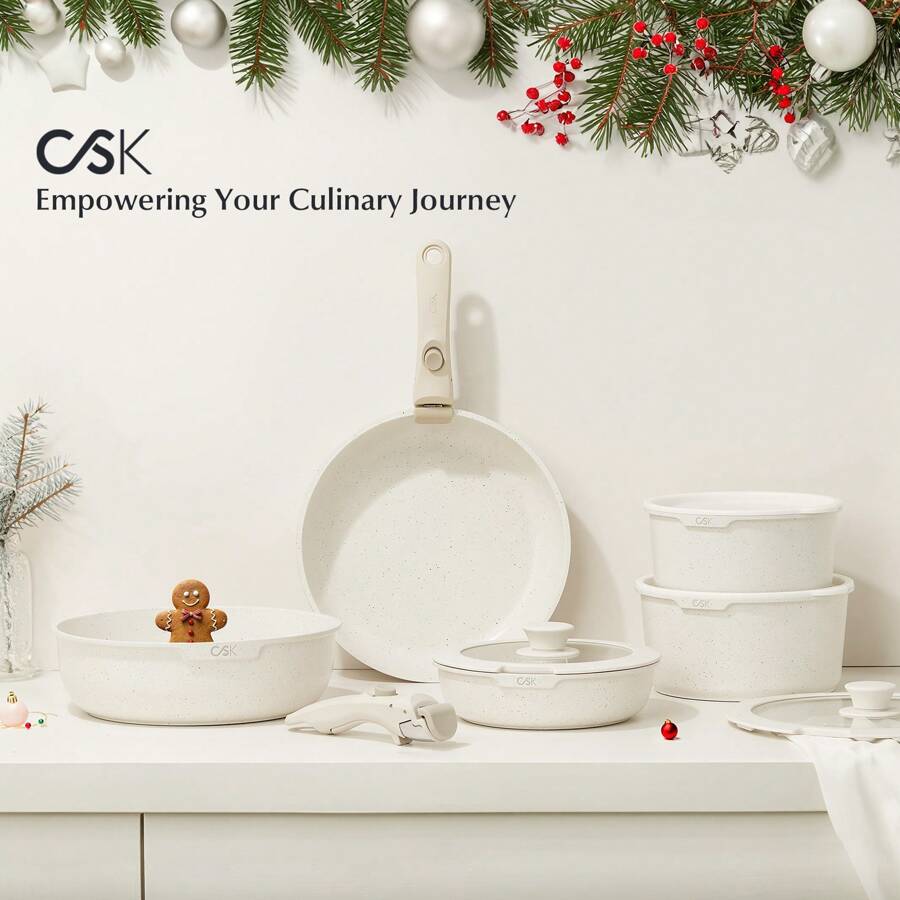 17pcs Pots And Pans Set With Detachable Handle, Nonstick Cookware Set With Removable Handle, Non Stick Pot And Pan Sets Free, Induction Cookware Set For Home Cooking, White/Green - 白色 - 查看 1