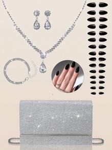 Bolso de embrague de fiesta cuadrado elegante y lujoso para mujer, bolso de fiesta de lujo y de moda con cadena de metal, kit de 24 uñas postizas elegantes y de unicolor extraíbles con brillantes, pendientes con pedrería, collar colgante y pulsera, adecuado para mujeres y niñas para banquetes, bailes, fiestas y bodas.