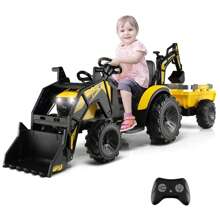 Homasis 3-In-1 Kids Ride On Excavator Bulldozer 12V Electric Tractor Remote W/ Trailer - Yellow - View 3