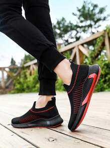 Men's Sports And Leisure Shoes, Versatile Fly Knit Shoes, Korean Style Fashion Men's Shoes, Spring And Autumn Shoes, Breathable And Comfortable - 黑紅色 - 查看 6