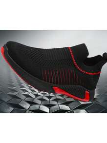 Men's Sports And Leisure Shoes, Versatile Fly Knit Shoes, Korean Style Fashion Men's Shoes, Spring And Autumn Shoes, Breathable And Comfortable - 黑紅色 - 查看 5