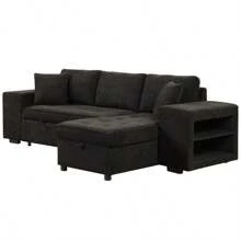104.5" Modern L-Shape 3 Seat Reversible Sectional Couch Pull Out Sleeper Sofa With Storage Chaise And 2 Stools For Living Room Furniture Set Charcoal Grey