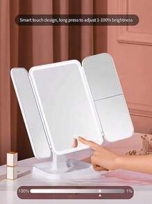 1pc Three-Fold LED Makeup Mirror, Folding Vanity Mirror With Stand & 3 Color Lighting, Lighted Mirror With Touch Screen Dimming For Cosmetic, Women Gift(White/Pink)