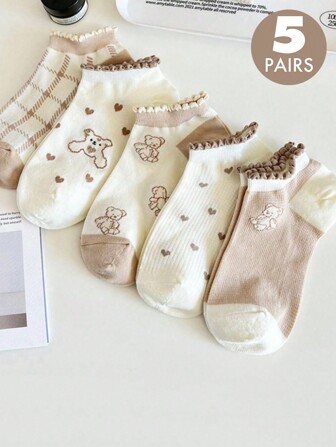 5 Pairs Women's Socks Cute Bear Heart Bubble Bouth Breathable Ankle Socks