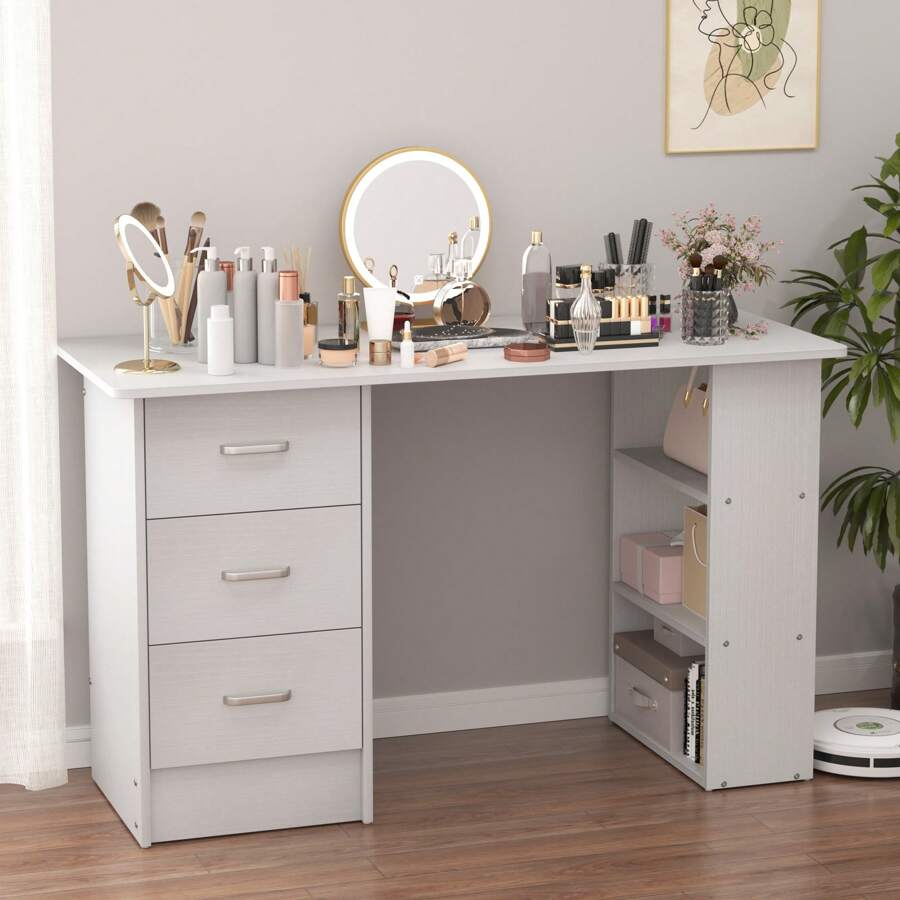 47.24" Vanity Desk With 3 Drawers,3 Open Storage Shelves, Simple Makeup Vanity Table,Modern Dressing Table For Bedroom,Dressing Room,Dresser For Bedroom,Bedroom Furniture,White/Black - 白色 - 查看 1