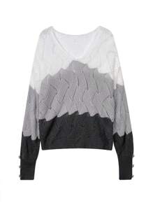 Women's V-Neck Color Block Knit Sweater, Casual, Autumn/Winter,Long Sleeve Tops