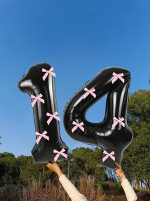 40英寸黑色数字气球配粉色蝴蝶结，1-30白色数字铝箔气球配粉色蝴蝶结装饰，适用于生日派对、周年纪念、婚礼、求婚、圣诞节、新年装饰 - 40吋黑色數字粉紅大蝴蝶結 - 查看 32
