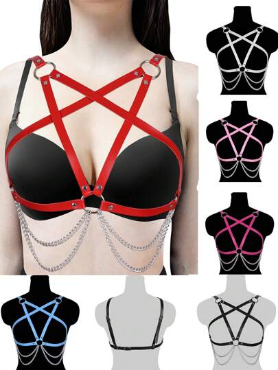 Punk Style Leather Body Chain Bra, Multi-Layer Silver Chest Chain, Festival Celebration Torso Chain Jewelry, Suitable For Women And Girls