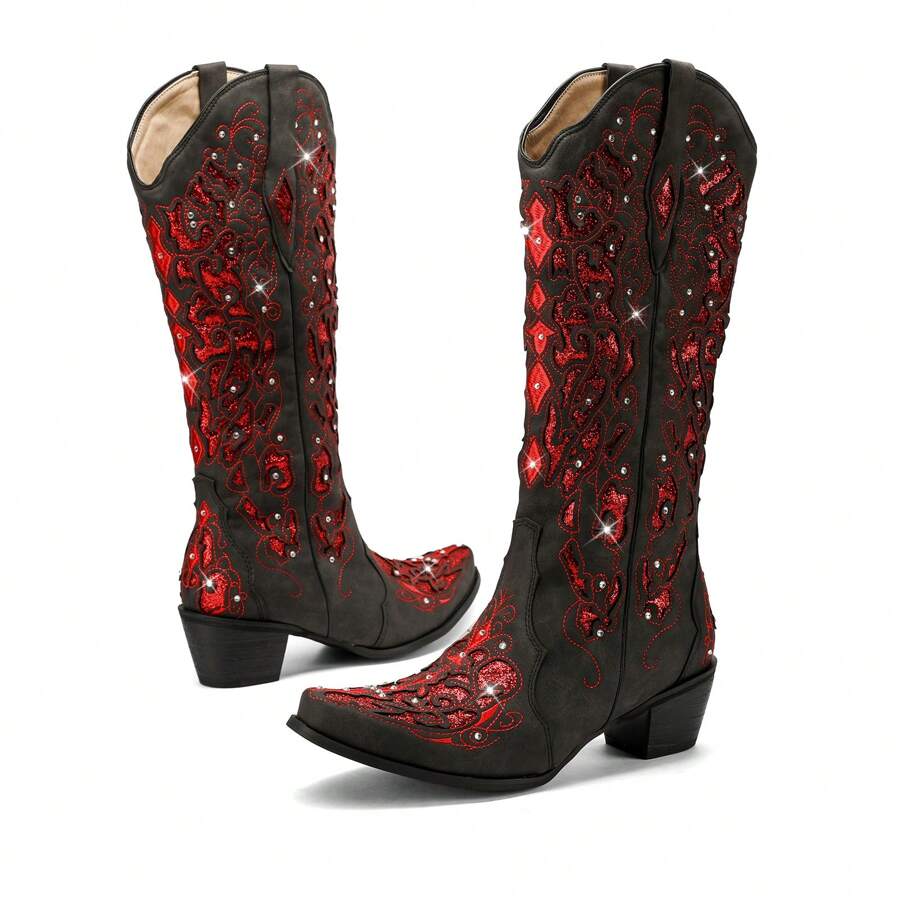 Pasuot Western Cowboy Boots For Women Wide Calf Cowgirl Boots Women's Glitter Rhinestone Wedding Boots Vintag Tall Knee High Boots With Embroidery And Heel Shoes - 酒紅色 - 查看 1