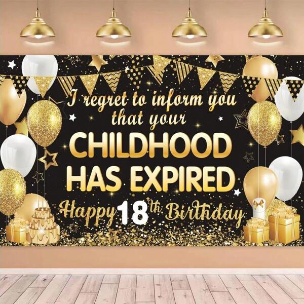 1 Stück 18. Geburtstag Party Fotohintergrund Banner, wir müssen Ihnen leider mitteilen, dass Ihre Kindheit abgelaufen ist, schwarz & gold Dekor Hintergrund Banner, geeignet für Geburtstagsfeier, Kuchentisch Banner, Fotokabine, Party Dekor Zubehör, Geschenk