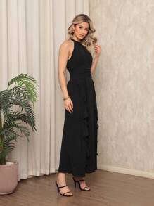 Long Sleeveless Party Dress With Luxury Padding - Black - View 5