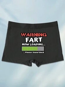 Men's Fashionable Black Boxer Briefs With "Warning: Loading" Print, Breathable Pattern Short Underwear - Black - View 5