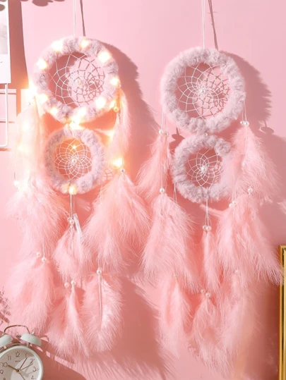 1pc Pink Double Hoop Fluffy Dream Catcher, Cute Girly Pink Feather Decor Dream Catcher For Room Decor, Photography Prop (Feathers Are Artificial)