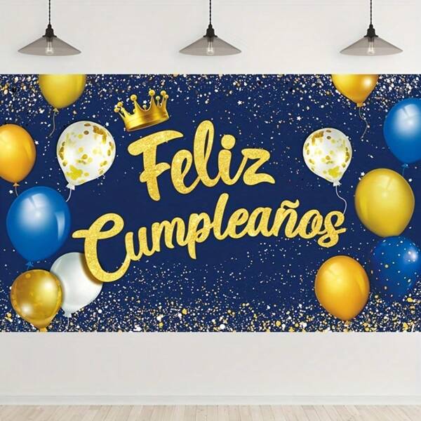 1pc Spanish Happy Birthday Decorative Banner, Navy Blue & Yellow Birthday Party Decoration Banner, Navy Blue & Yellow Balloon Birthday Photo Backdrop, Background Cloth Birthday Decor, Banner For Anniversary Party Supplies