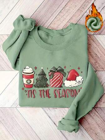 Christmas Letter Print Fleece Crew Neck Sweatshirt, Autumn/Winter