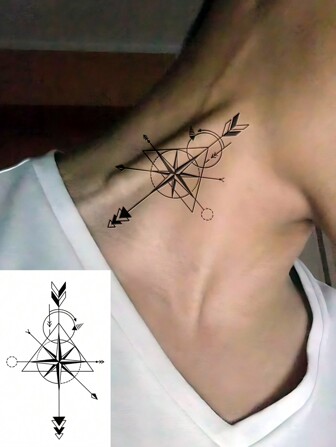 1 张小尺寸人体艺术临时纹身贴纸，适用于男士，黑色几何箭头指南针图案，防水假纹身，持续 2-5 天，遮盖疤痕，可用于手臂手腕肩部腿部腰部颈部手部胸部大腿手指