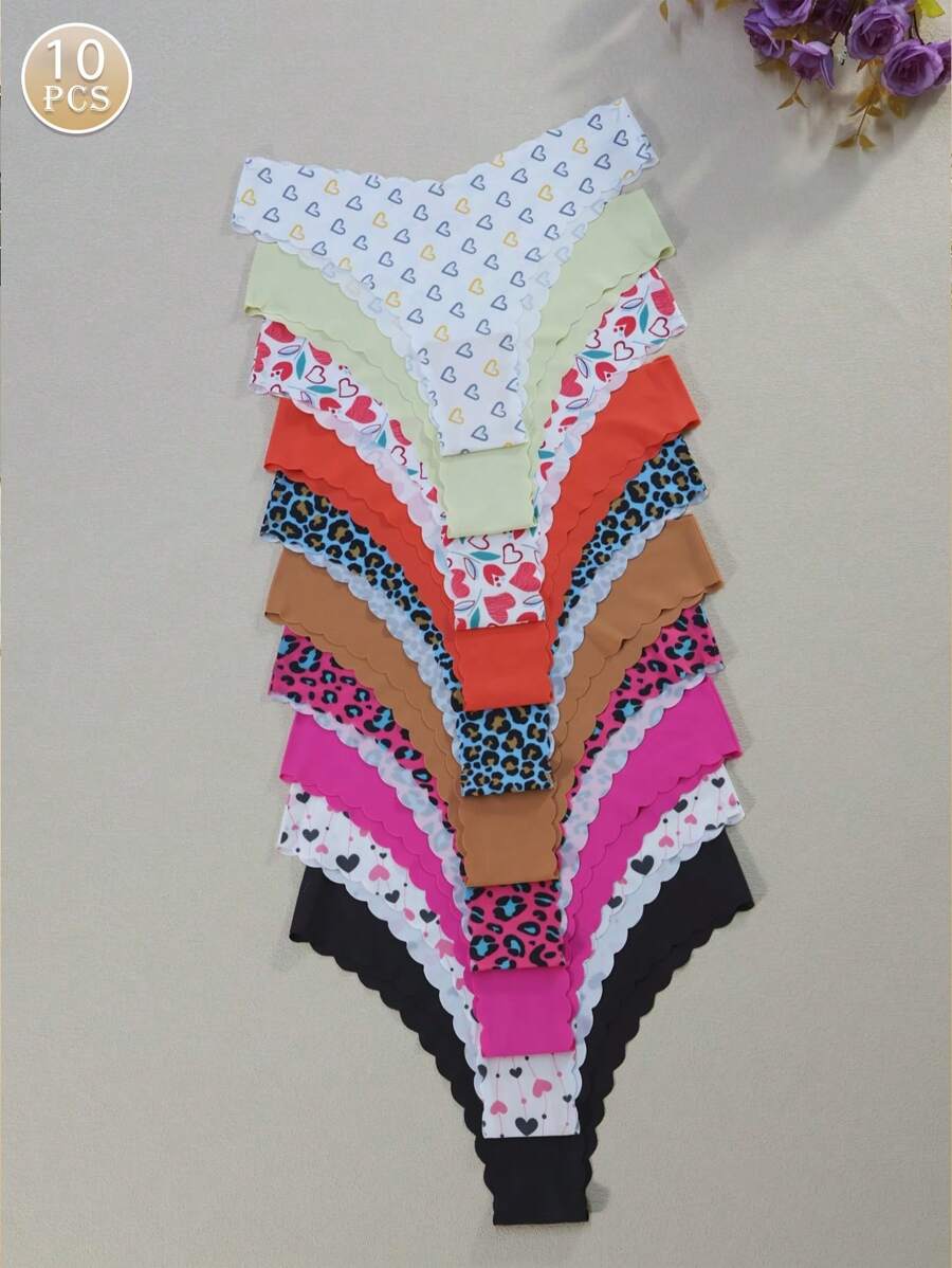 10pcs/Pack Women's Comfortable Breathable Heart & Leopard Print Seamless Briefs, Leisure Home Underwear - Multicolor - View 1