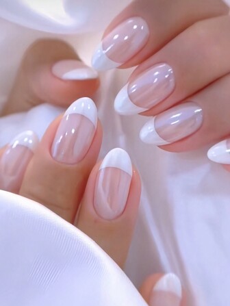 Instantly Upgrade Your Look With 24Pcs Almond Shape Press On False Nails Elegant White French Style Fine Glitter Pink Fake Nails Fashion Beautiful Creamy White French Style Glitter Fake Nails Full Cover False Nails Tips For Women And Girls Includes 1 Sheet Adhesive Tabs & 1 Pc Mini File Strip Jelly Gel Random Shipment Nail Supplies Nails