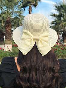 Dames lente/zomer brede rand zonnehoed, Koreaanse stijl veelzijdige zonbescherming strandhoed met strik, casual elegante outdoor strohoed, polyester, effen kleur