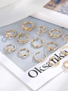 16szt Serce, Róża, Motyl, Ręka, Księżyc Kryształowy Dekorowany Zestaw Pierścieni, Styl Minimalistyczny