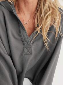 Sudadera con capucha para mujer, de manga larga, color liso, con cuello en V, para primavera y otoño - Gris - Ver 6