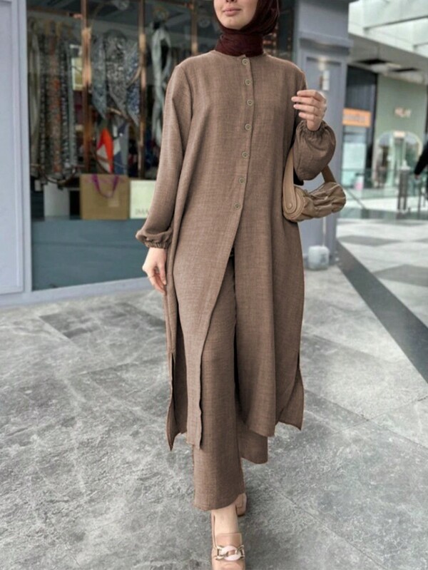 Casual Closed Lantern Long Sleeve, Breasted, Hem Side Slit Ladies Arabic Top & Pants Set, Modest