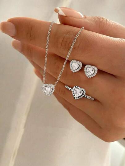 Winglove 1pc/Set 925 Sterling Silver Heart-Shaped Full Diamond Necklace, Ring, Earrings Jewelry Set, Elegant Gift For Women, Valentine's Day