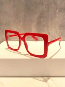 1pc Vrouwen Oversized Vierkante Dikke Montuur Mode Bril - Rood - Bekijken 3