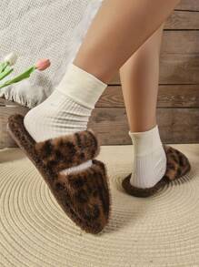 Women's Home Slippers Leopard Print Slip-On Flat Bedroom Slippers, Plus Size Fashion Warm Anti-Slip Indoor Outdoor House Slippers With Faux Fur - Brown - View 6