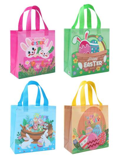4pcs Easter Non-Woven Gift Packaging Bags Handbags, Easter Party Decoration For Home, Easter Bunny Egg Pattern Multi-Purpose Gift Packaging Supplies, Easter Birthday Party Favors