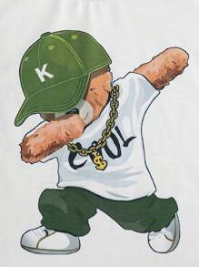 男婴两件套：卡通熊印花短袖上衣 + 假口袋休闲工装裤 - 白色 - 查看 6