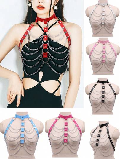 Punk Style Leather Body Chain Bra-Style Body Chain, Multi-Layer Chest Chain Body Accessories For Women