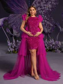 Faeriesty Dressalisa Plus Maternity Mesh Overlay Sequin Formal Party Dress - Hot Pink - View 2