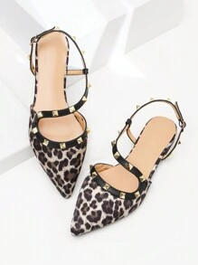 Women Leopard Pattern Flat Sandals With Toe Ring, Stud Decor, Pointed Toe, Buckle Strap - Multicolor - View 5