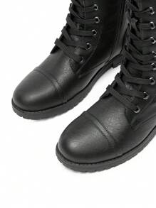 Women's Mid-Calf Combat Boots Round Toe Lace-Up Coin Pocket Outdoor Commuter Black Boots