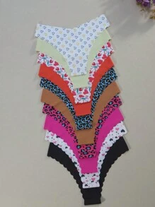 10pcs/Pack Women's Comfortable Breathable Heart & Leopard Print Seamless Briefs, Leisure Home Underwear - Multicolor - View 2