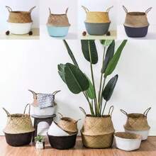 Maceta de flores de paja trenzada, cesta de almacenamiento de plantas, contenedor de plantas para interior y exterior - Beis - Ver 6