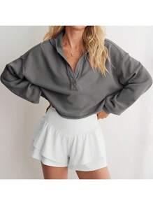 Sudadera con capucha para mujer, de manga larga, color liso, con cuello en V, para primavera y otoño - Gris - Ver 4