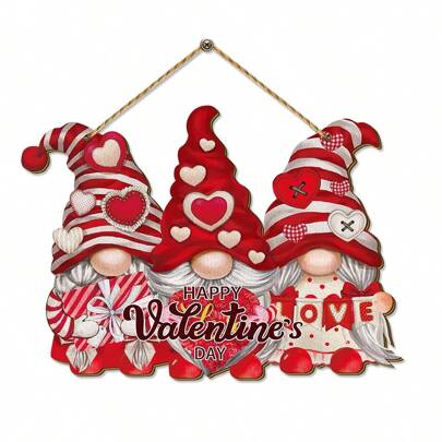 1 قطعة لافتة خشبية معلقة بعبارة "عيد الحب سعيد" لتزيين حفل عيد الحب، تزيين المزرعة الريفي لعيد الحب مع زخرفة الزجاجات والقزم والوردة للباب الأمامي والنافذة في المنزل للاستخدام الداخلي والخارجي