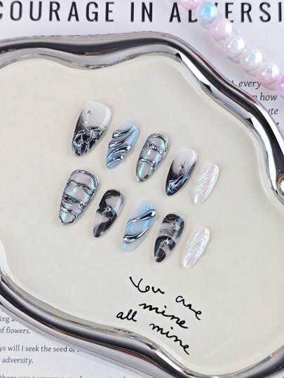 Y2K 10Pcs Handmade Press-On Nails, Almond Shape, Medium Length, Blue Color With Elegant Silver Patterns, Sweet And Cool Style, Suitable For Daily Wear And Events, Great As Gifts For Women/Girls, Includes 1Pc Jelly Pad And 1Pc Nail File Nail Supplies Nails