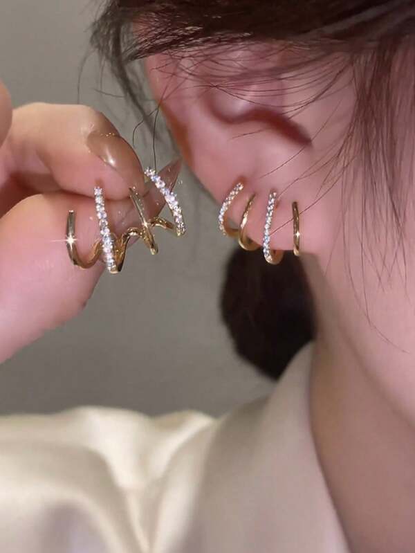 topshiny 1 Pair Minimalist Four-Claw Clip-On Earrings, Elegant & Fashionable Women's Jewelry, Fully Paved With Rhinestones